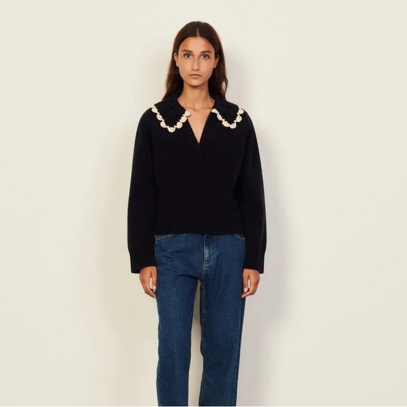 Sandro Jill Spread Collared Wool Sweater size 2 - Picture 2 of 8